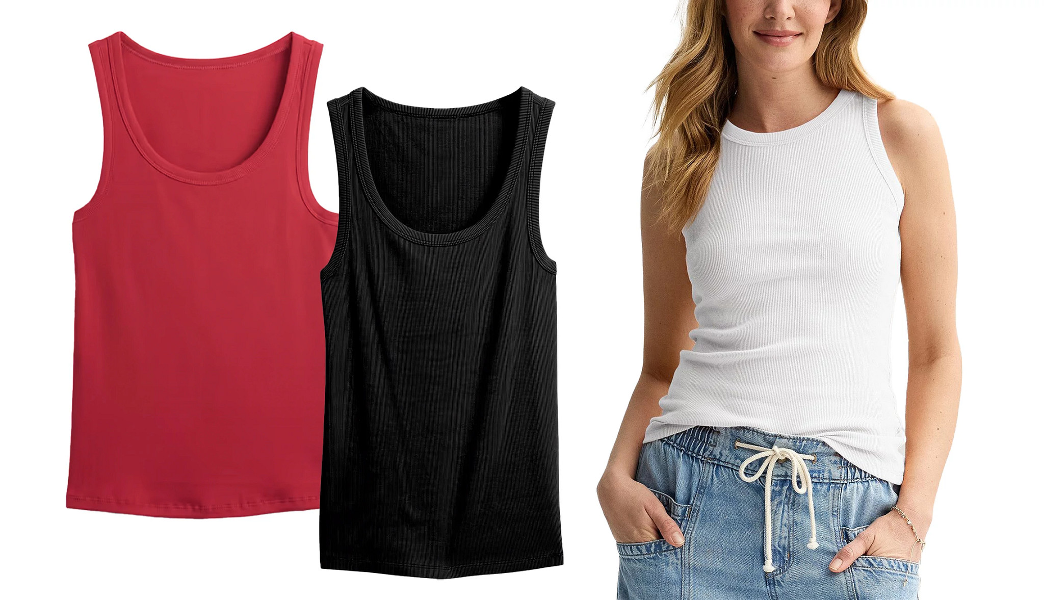ribbed knit tank tops in red and black, and a model wearing a rib knit tank top in white