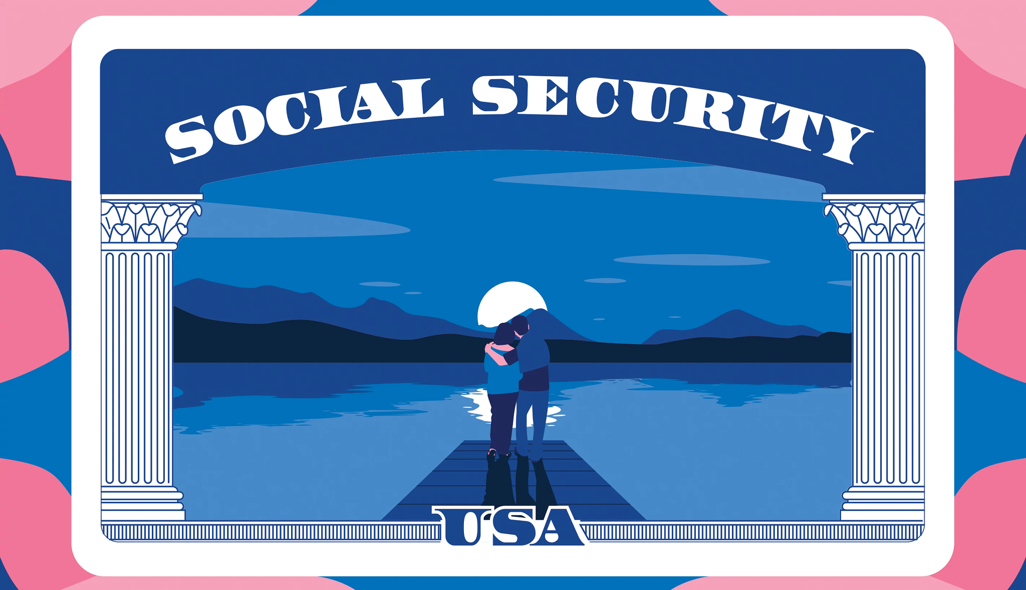 an outline of a social security card with a couple standing overlooking a lake in the middle