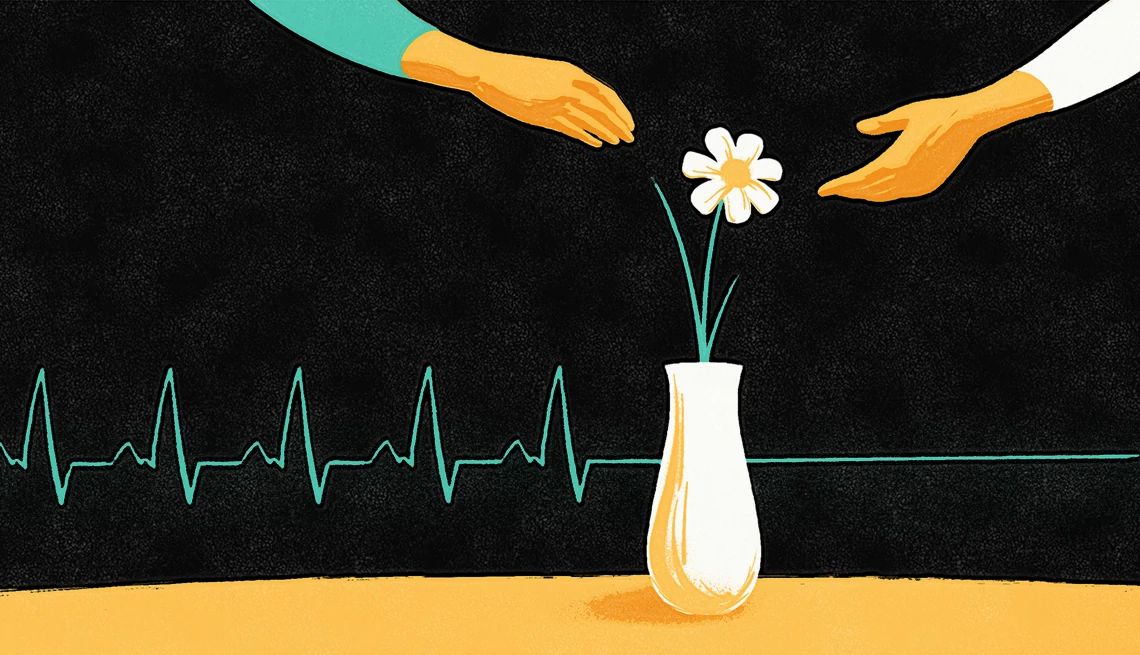 End-of-Life Rallies a pulse line with hands reach for a flower