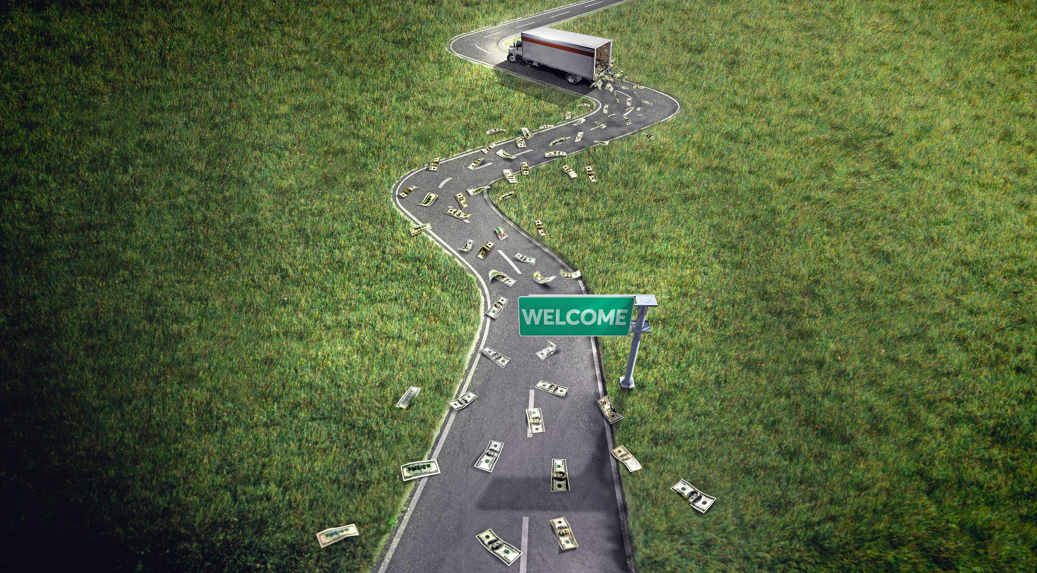 Hidden Costs of Moving in Retirement a moving truck spilling money onto a winding road
