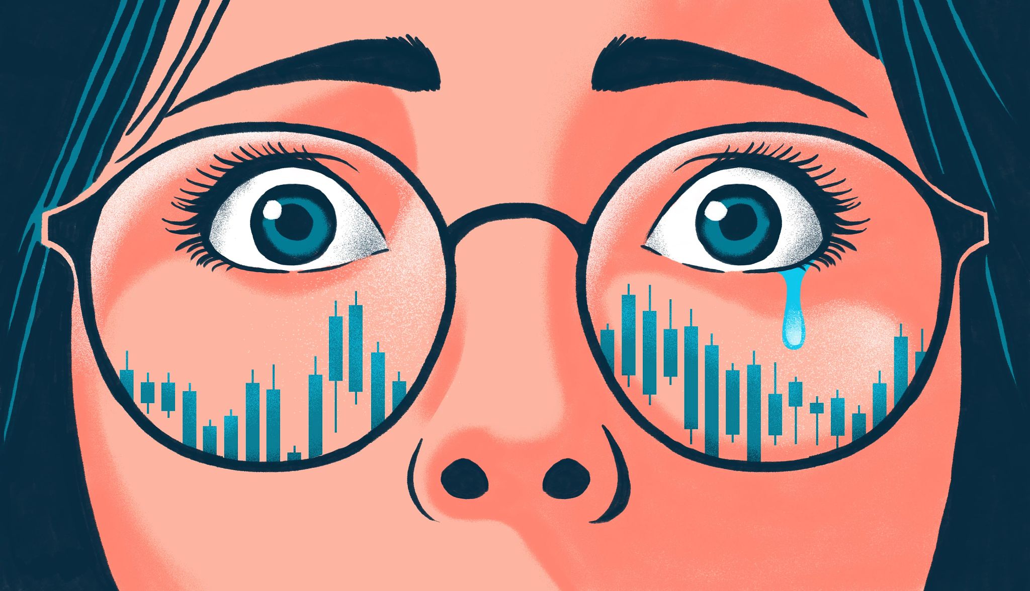 closeup of a womans eyes with a nervous tear and the stock market ups and downs are reflected in her eyeglasses