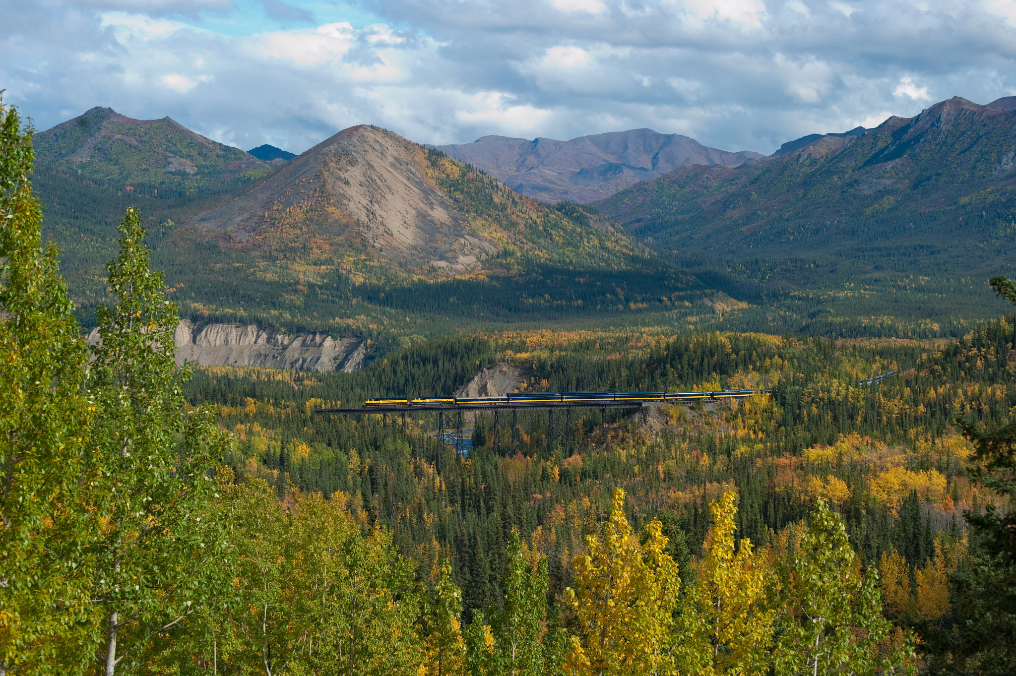A long passenger train travels across a high bridge in Alaska, surrounded by autumn forests and rugged mountains
