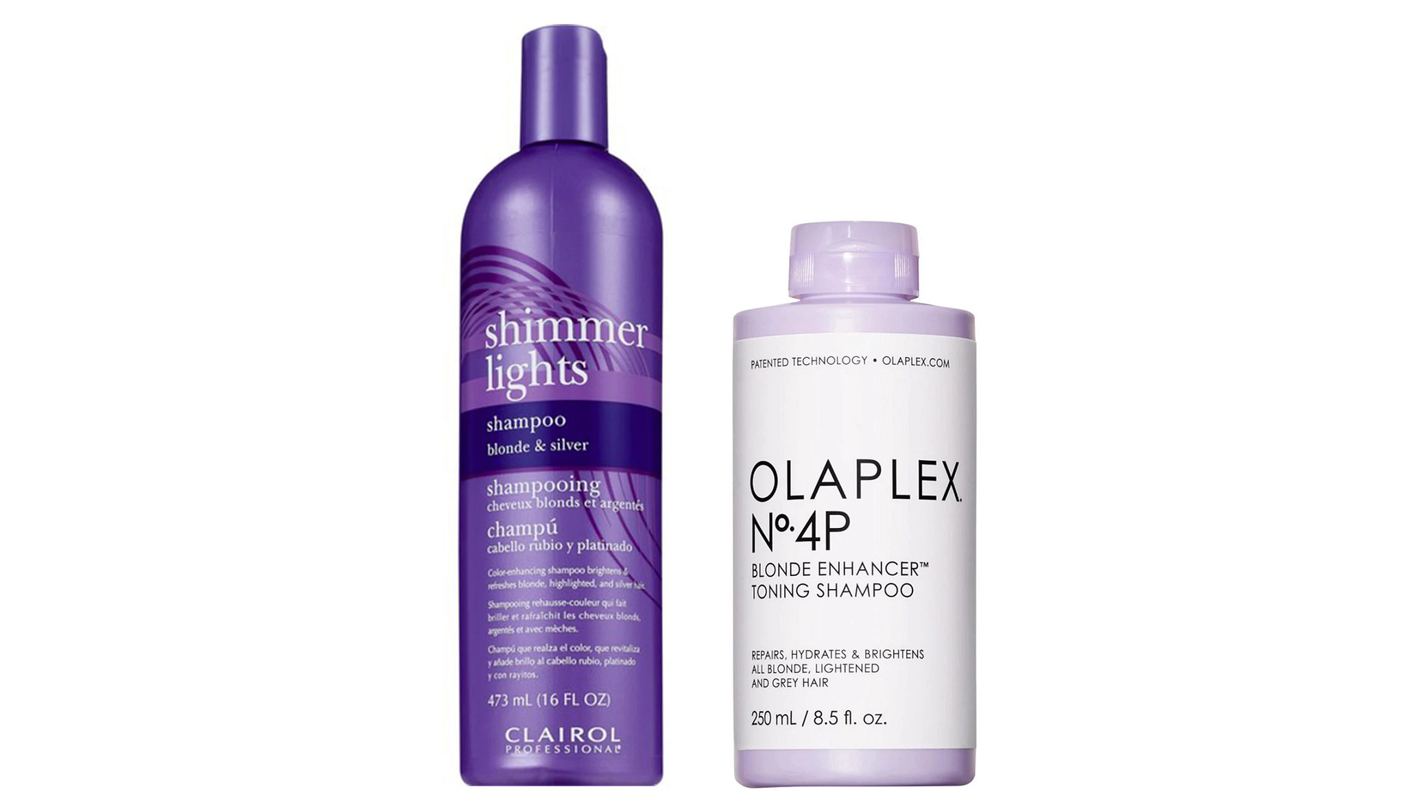 a collage with two bottles of hair products designed to control brassiness in blond hair or yellowing in gray hair