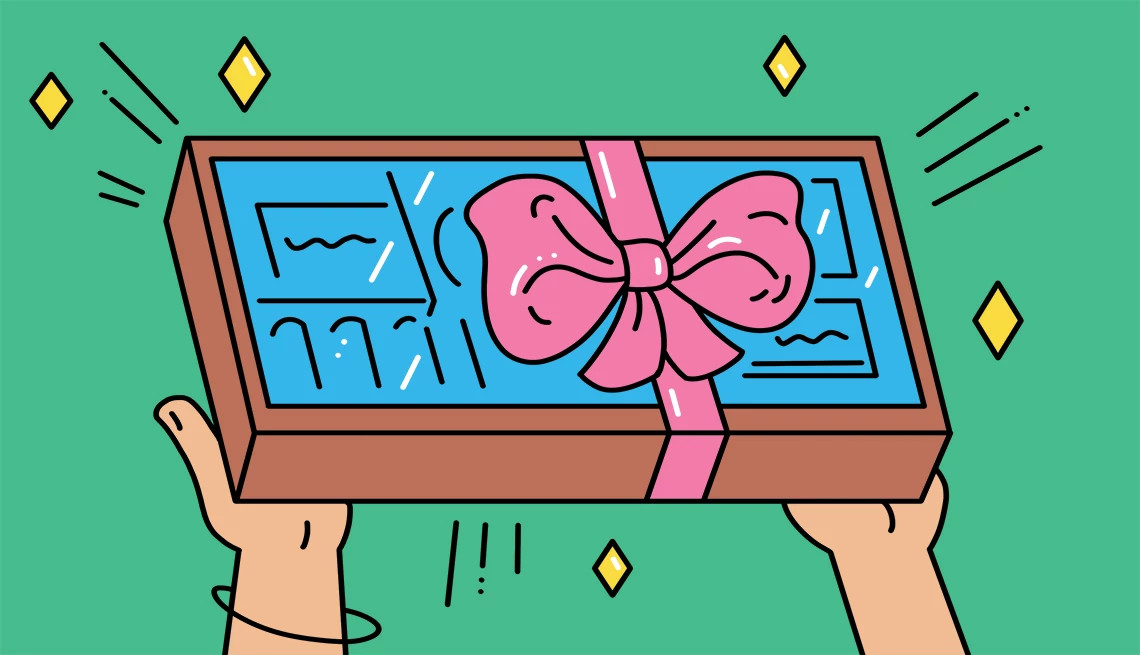 An illustration of a person holding a beauty product gift set