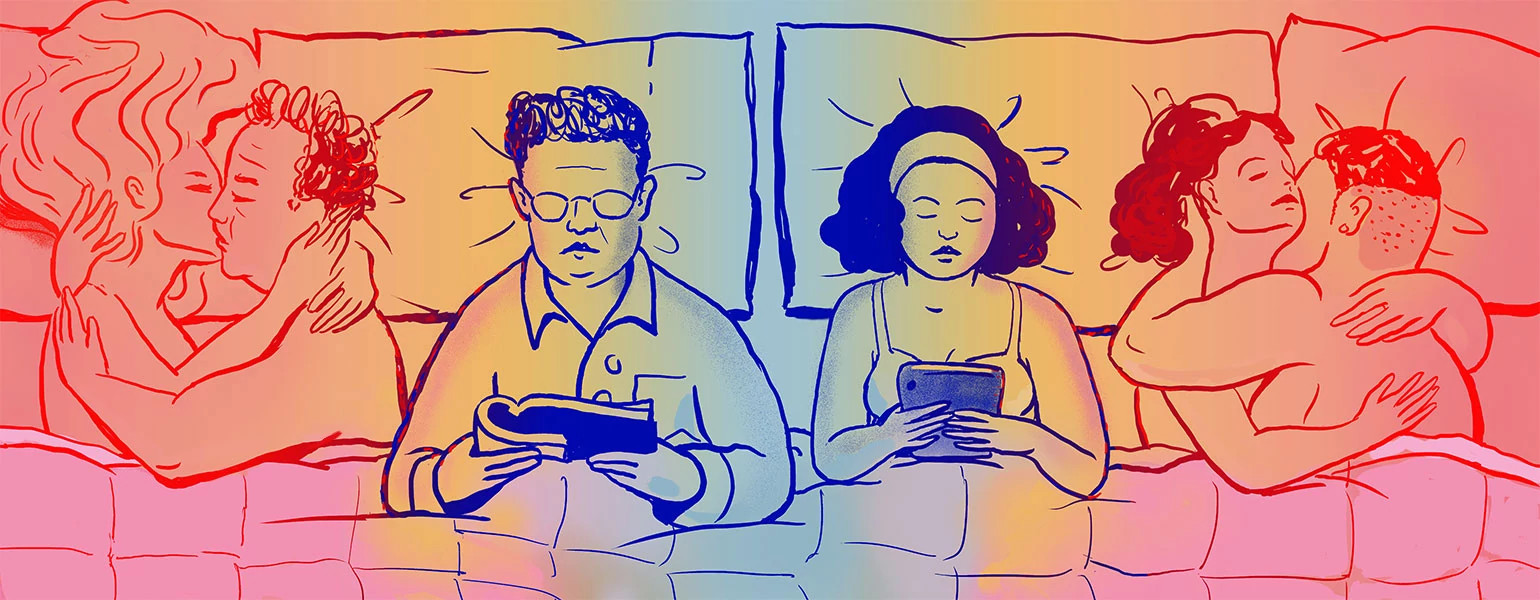 A husband and wife in an open marriage lay side by side in bed, reading. To either side are depictions of them being intimate with other people.
