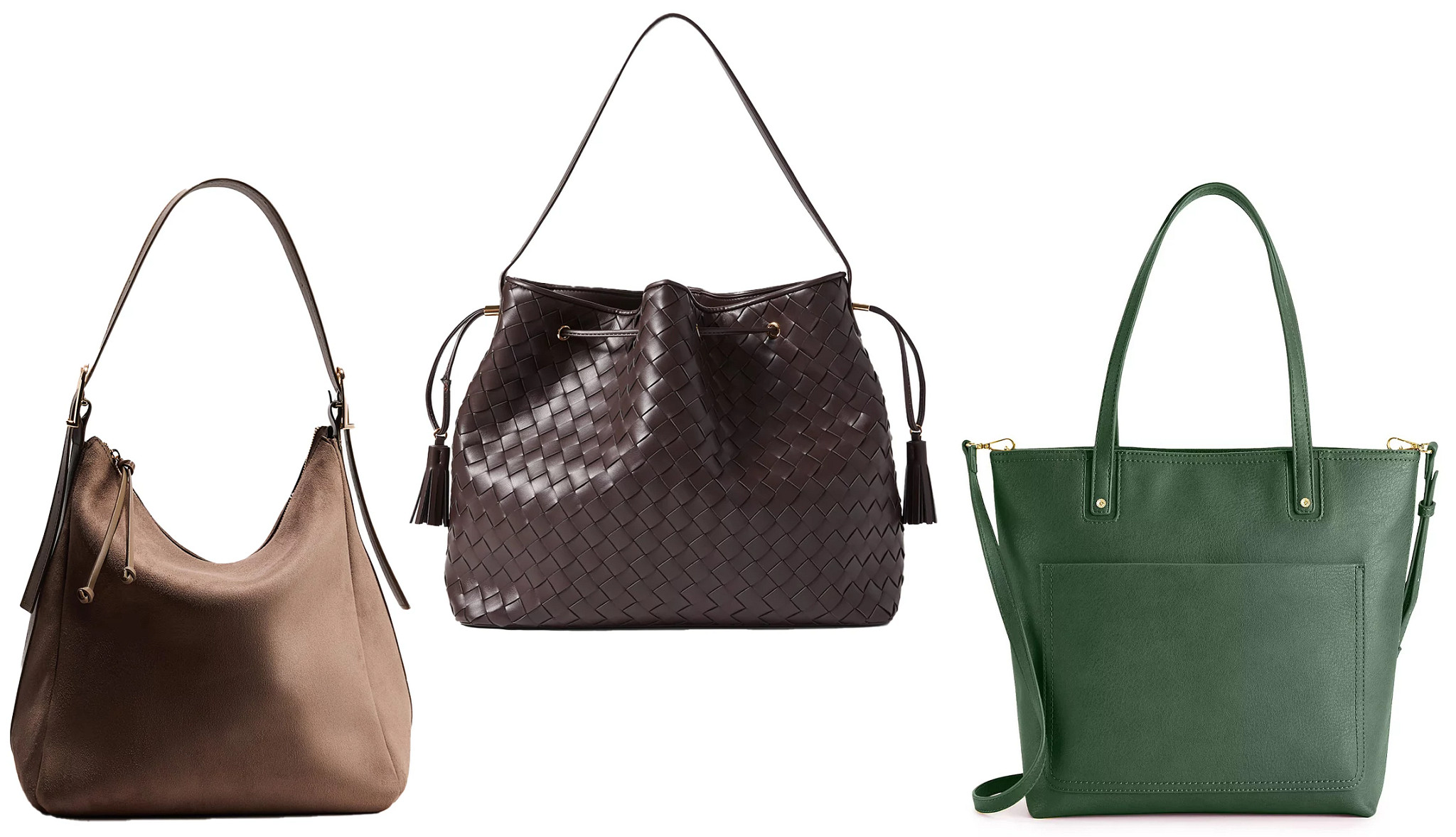 a collage with three handbags in different colors and styles