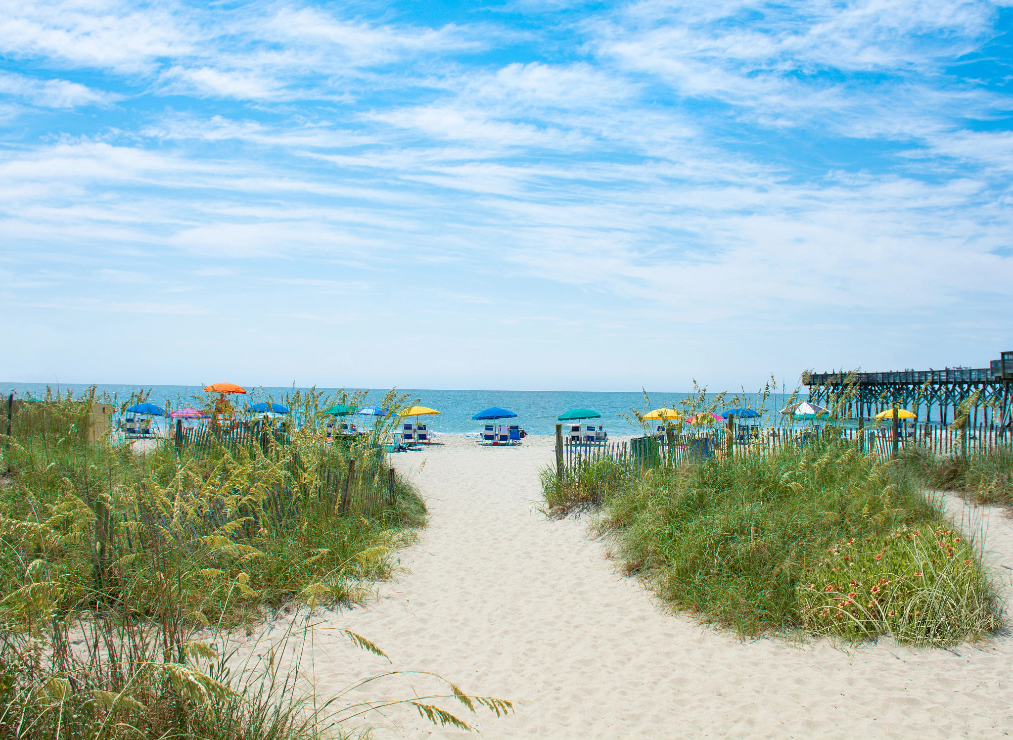 umbrellas and chairs set up on a beach