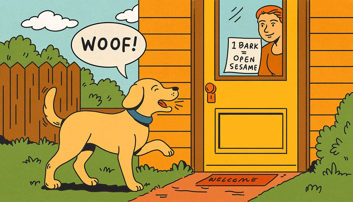 An illustration shows a woman behind her front door window, A sign facing out says: 1 BARK = OPEN SESAME. Outside the door a dog can be seen barking, with a quote bubble that says WOOF!