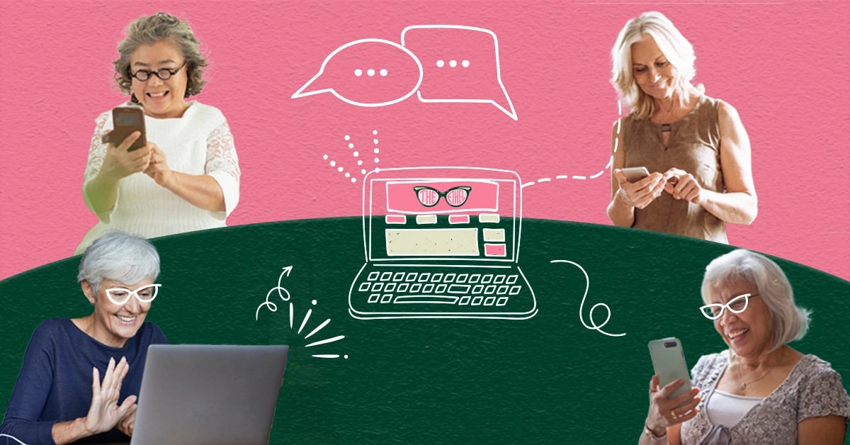 Illustration of four older adults using smartphones and a laptop, arranged around a green semicircle with a pink background. A stylized drawing of a laptop with glasses on the screen and speech bubbles above suggests digital communication and online interaction.