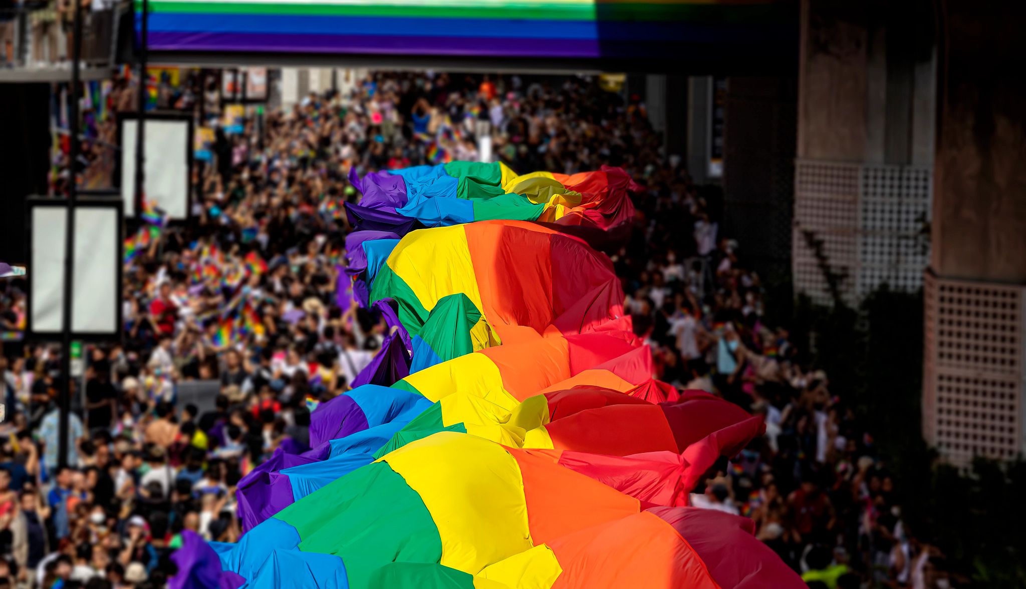 Ariel shot of Pride flag at festival Ariel shot of Pride flag at festival