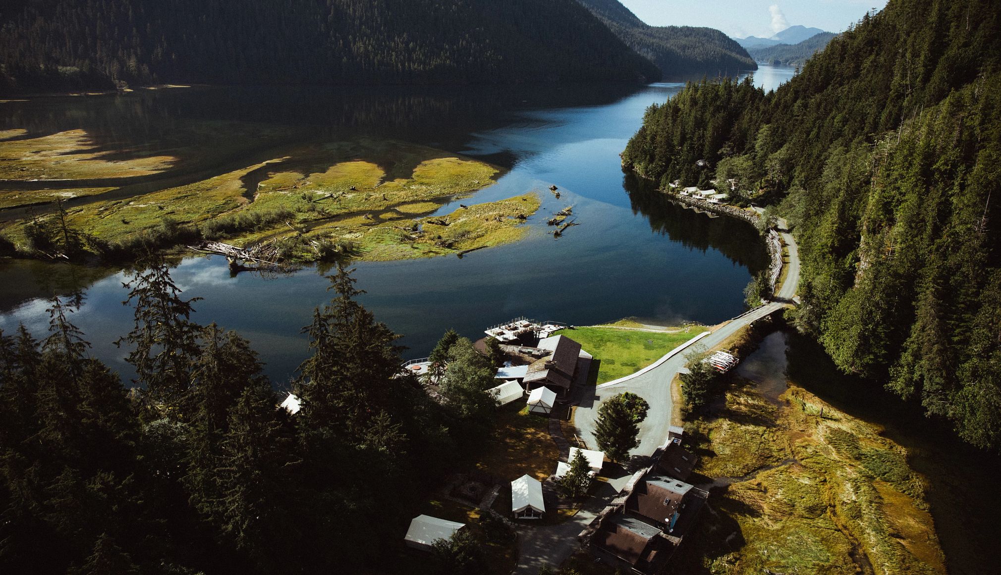 Clayoquot Wilderness Resort is in Vancouver, Canada. aerial view of Clayoquot Wilderness Resort