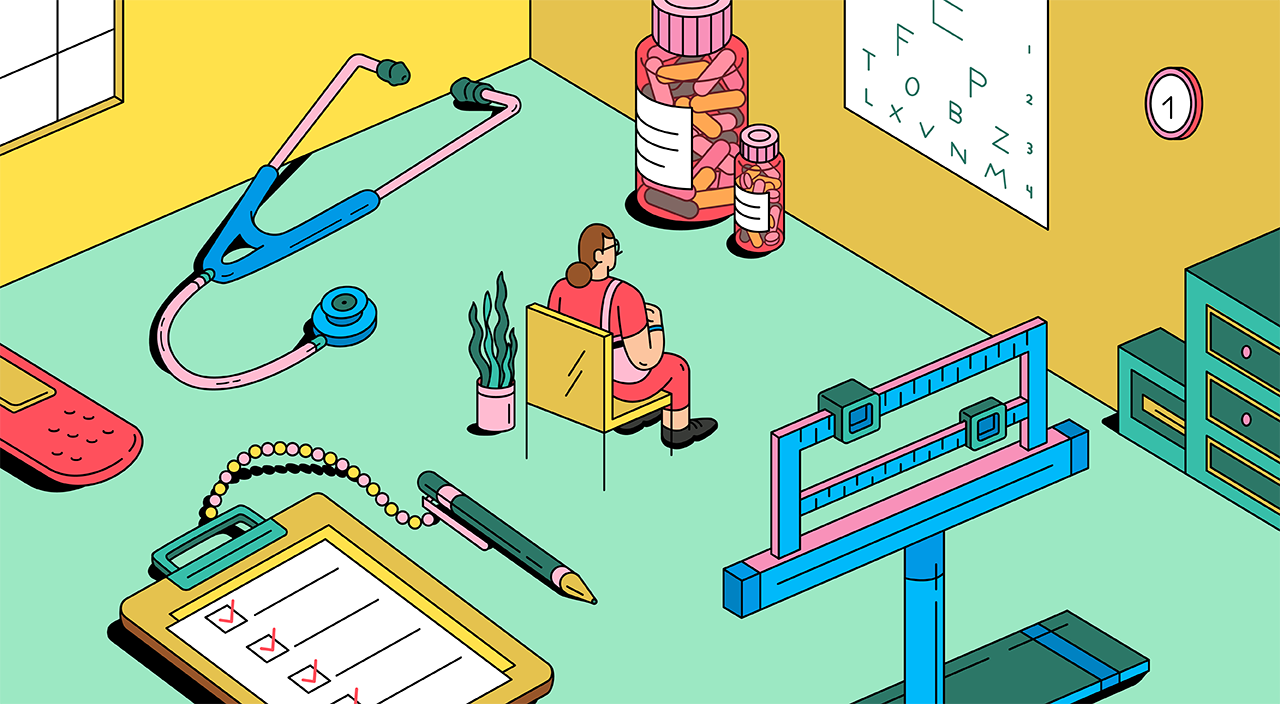 illustration of woman sitting in doctor's office surrounded by medical tests