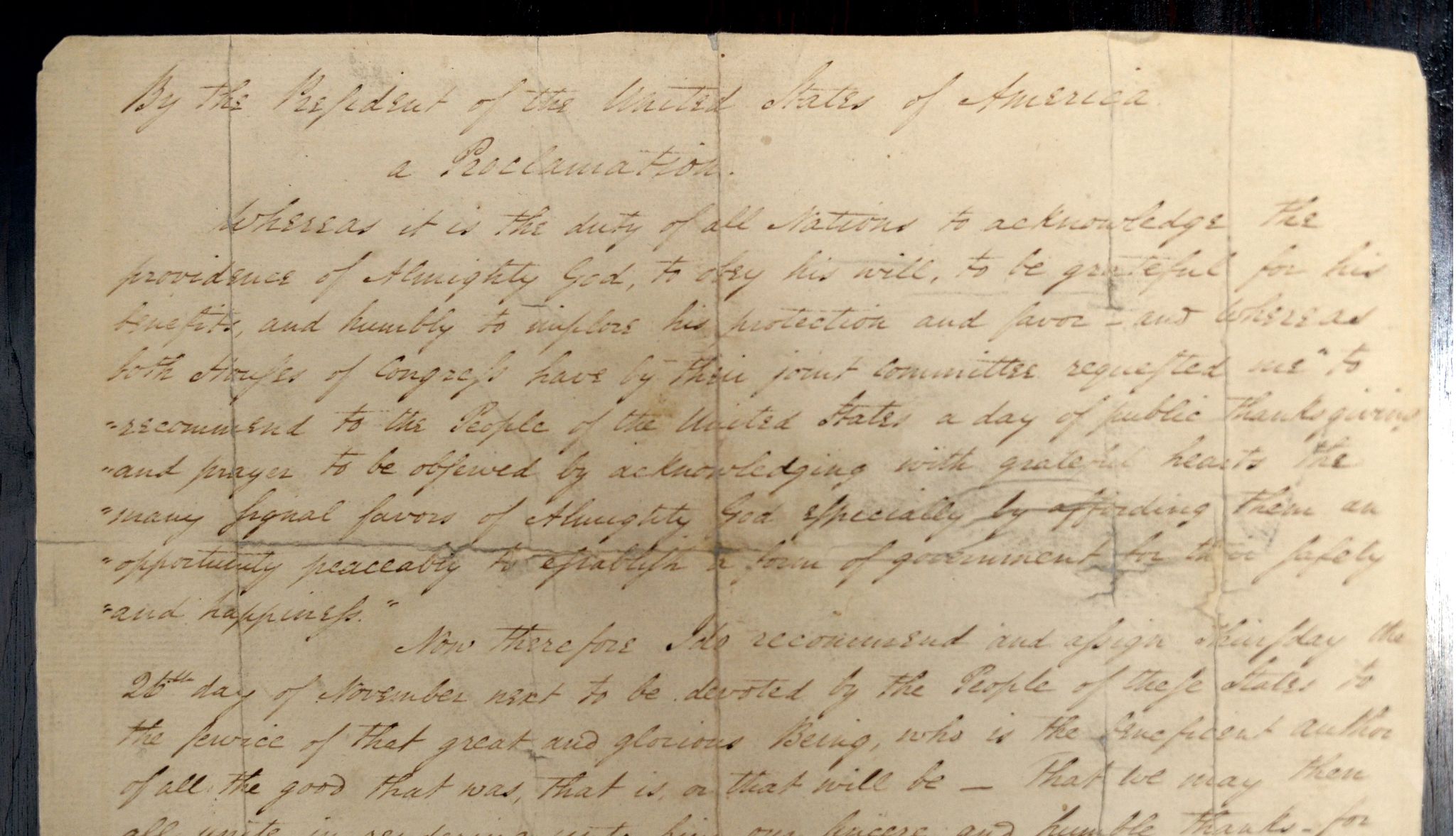 George Washington Thanksgiving Day proclamation an aged page of handwriting