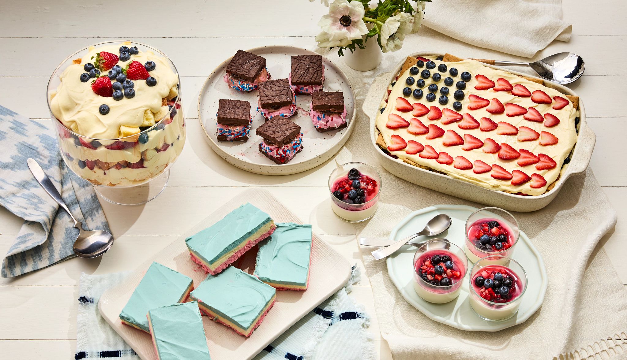 No-Bake Summer Desserts This array of desserts includes a berry trifle, red, white and blue cheesecake bars, ice cream sandwiches, panna cotta with berries, and an ice box cake.