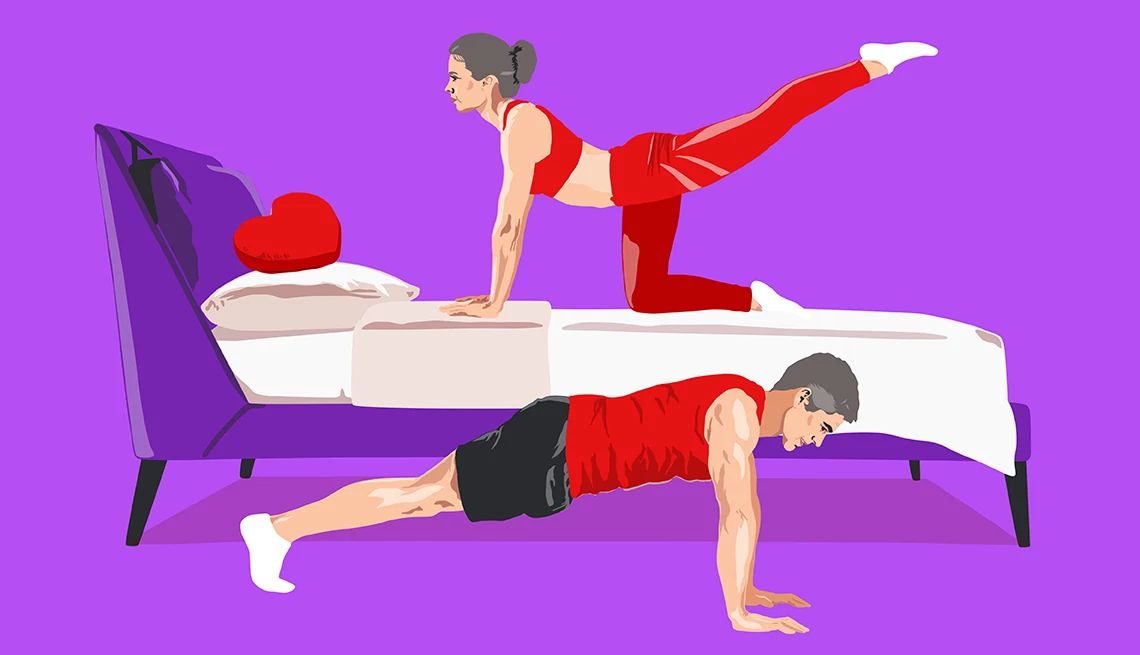 How exercise can impact your sex drive a woman stretching on a bed while a man does push-up on the floor