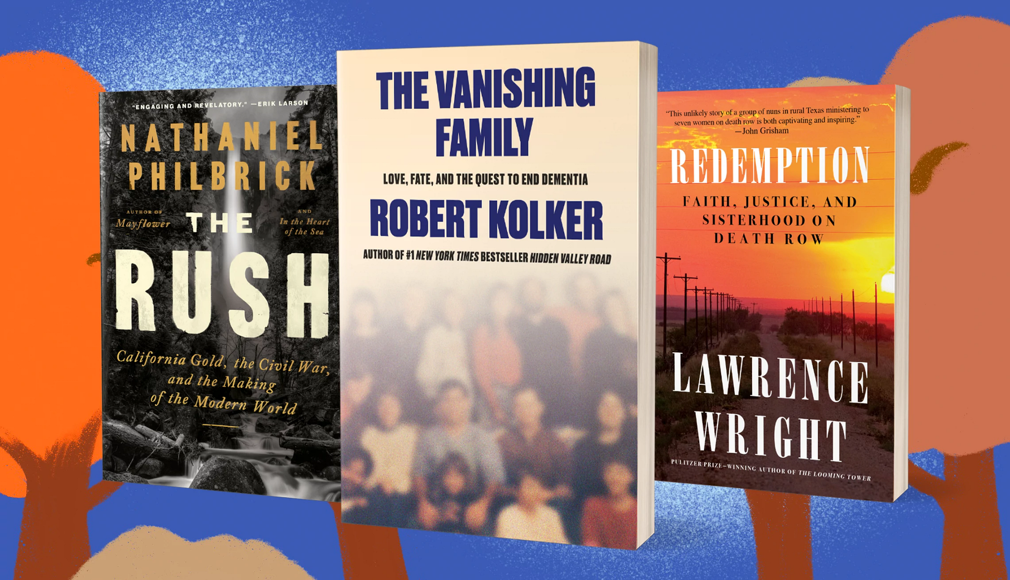 a collage with the covers of the books the rush, the vanishing family and redemption