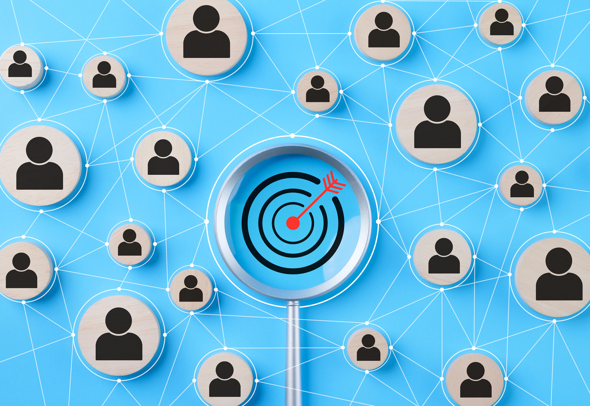 A targeted network of people icons under a magnifying glass, representing personalized health research.