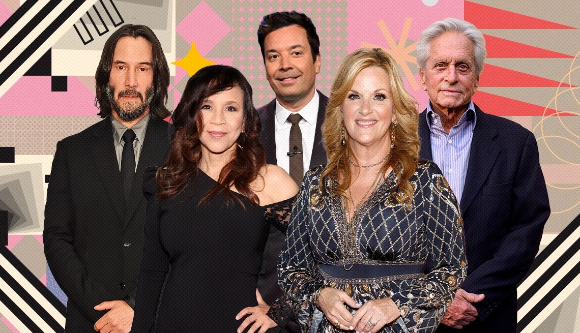 Keanu Reeves, Rosie Perez, Jimmy Fallon, Trisha Yearwood and Michael Douglas are celebrating birthdays in September Keanu Reeves, Rosie Perez, Jimmy Fallon, Trisha Yearwood and Michael Douglas on colorful, flashy background with all sorts of shapes and symbols