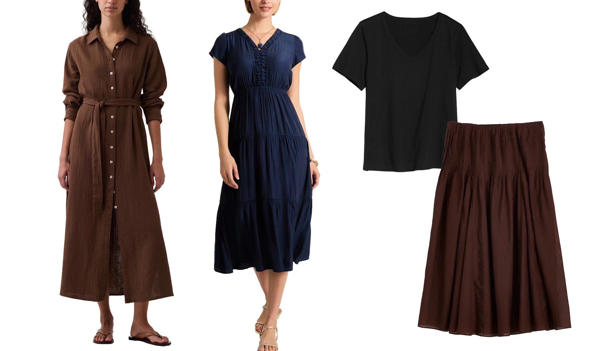a collage with a chocolate brown skirt, a black v neck t shirt, a model wearing a navy midi dress and a model wearing a chocolate brown shirt dress