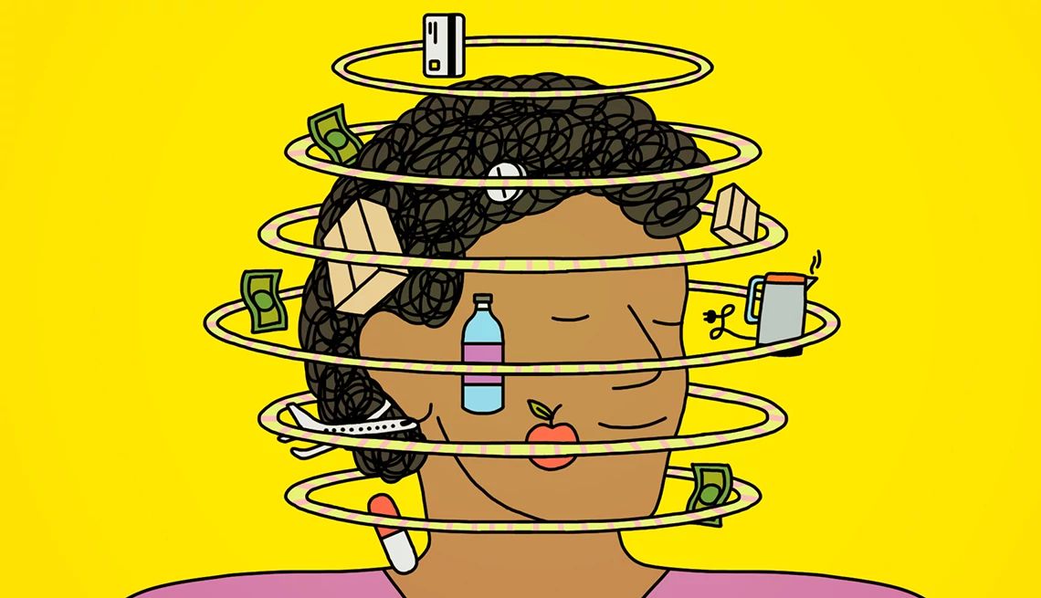 illustration of a person with a variety of items spinning around their head, including dollar bills, a medication capsule, a bottle, an apple