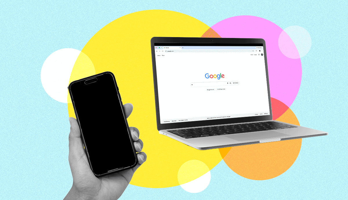 a gif of a person holding a phone with a wifi logo coming out of the screen next to a laptop