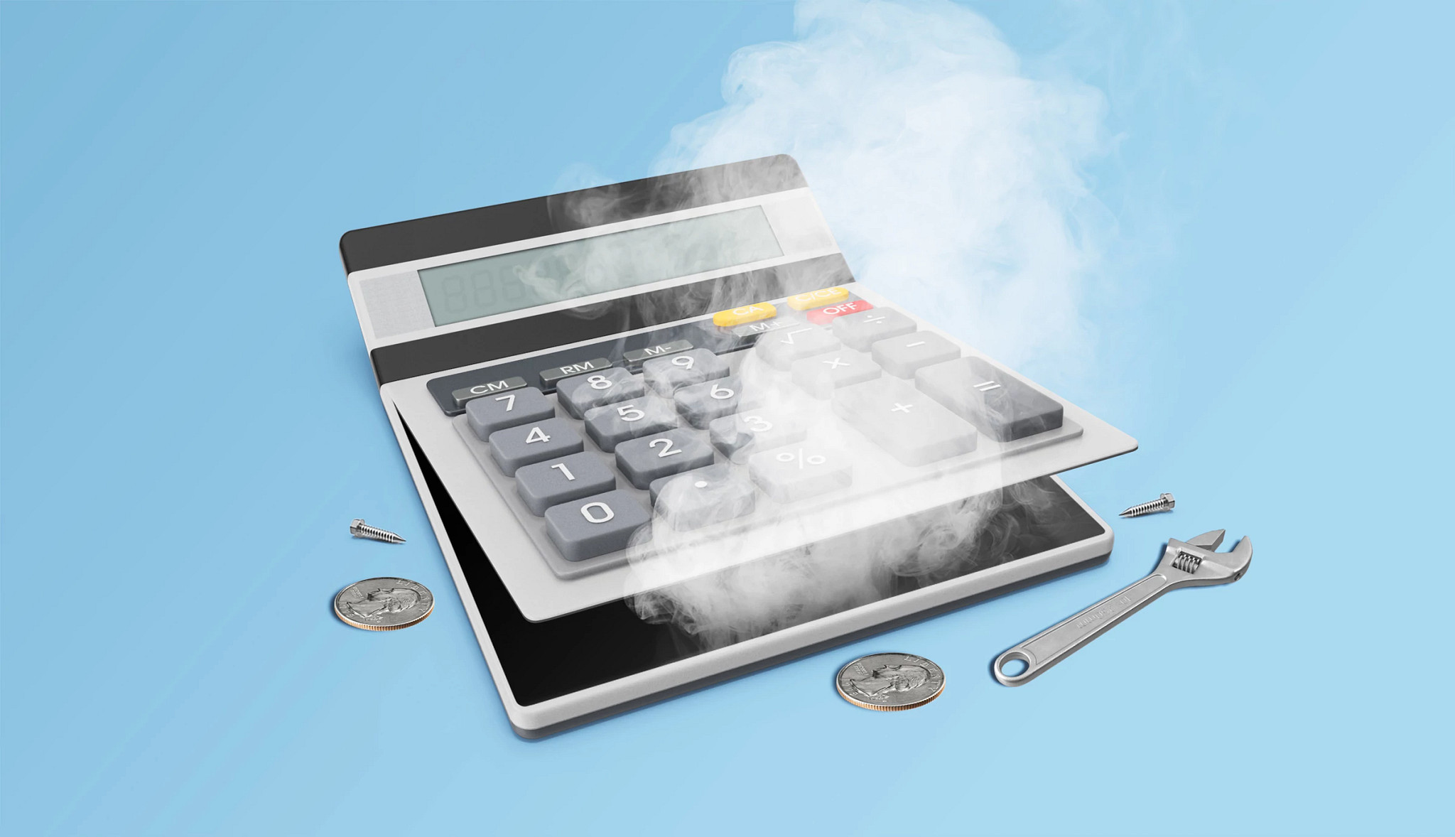 a calculator open and smoking to resemble a broken down car with its hood up