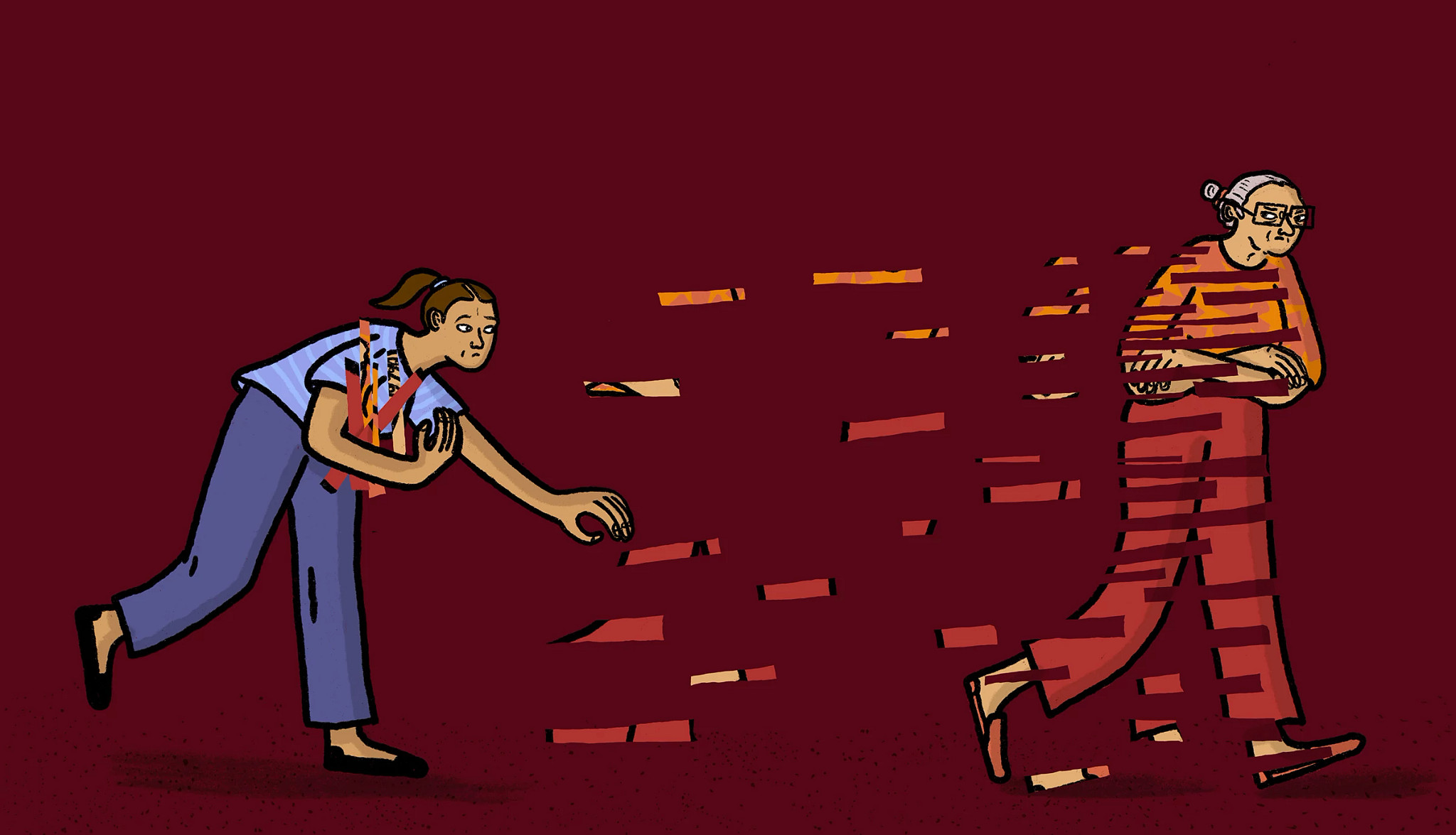 a person picking up the pieces of another person as they walk away