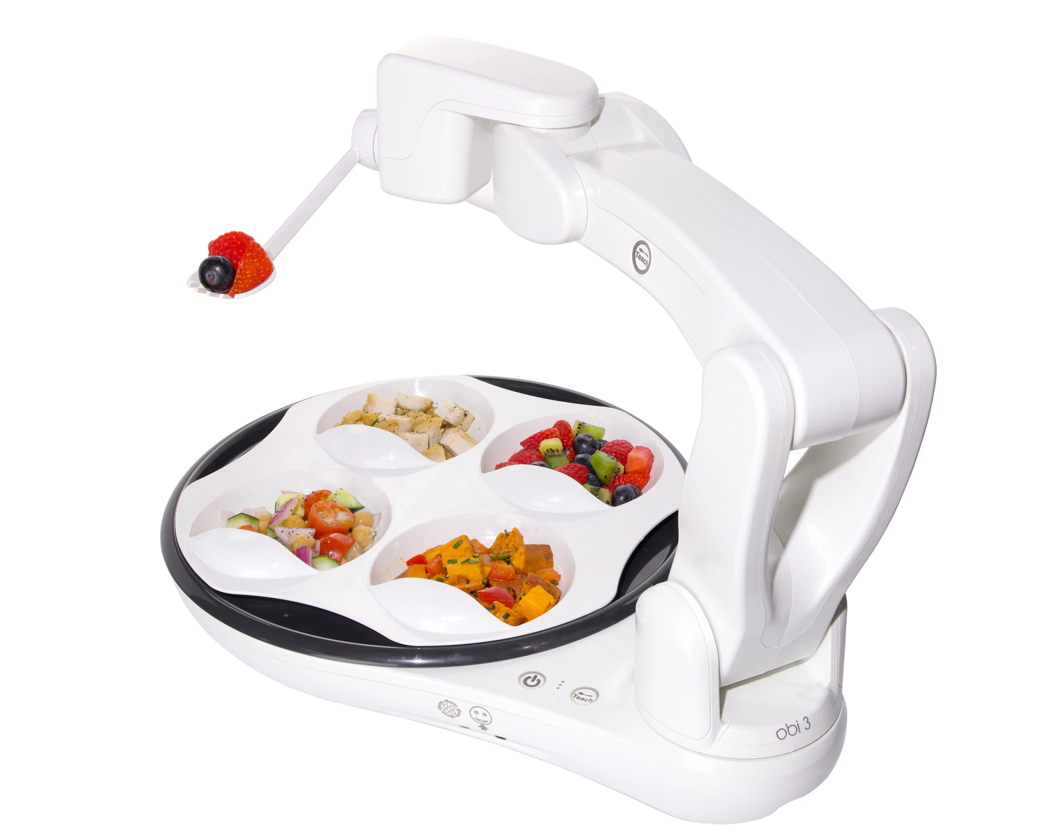 a photo shows Obi, a tabletop robot arm that serves your meal on command