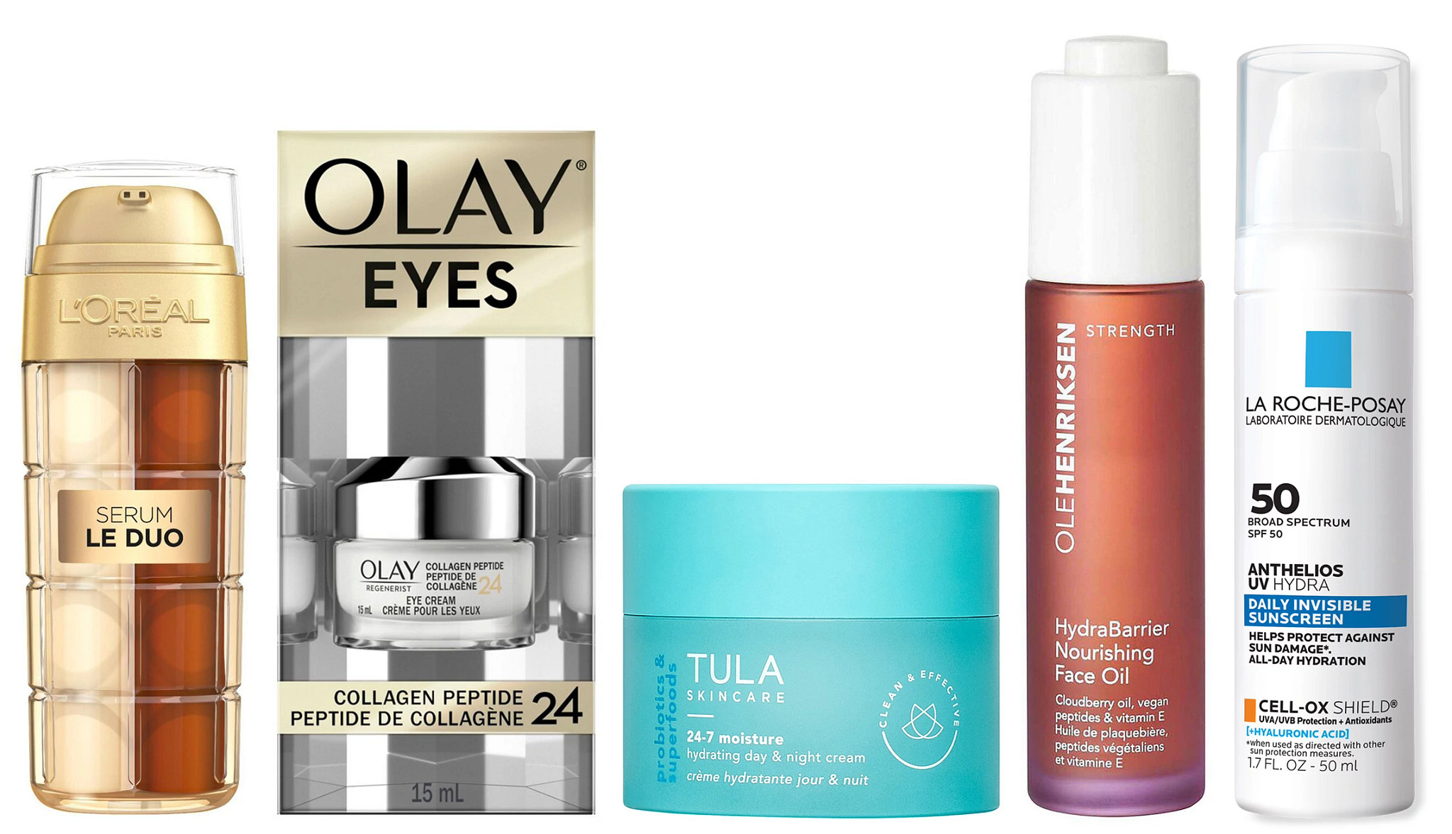 a collage with different eye creams serums and facial moisturizers