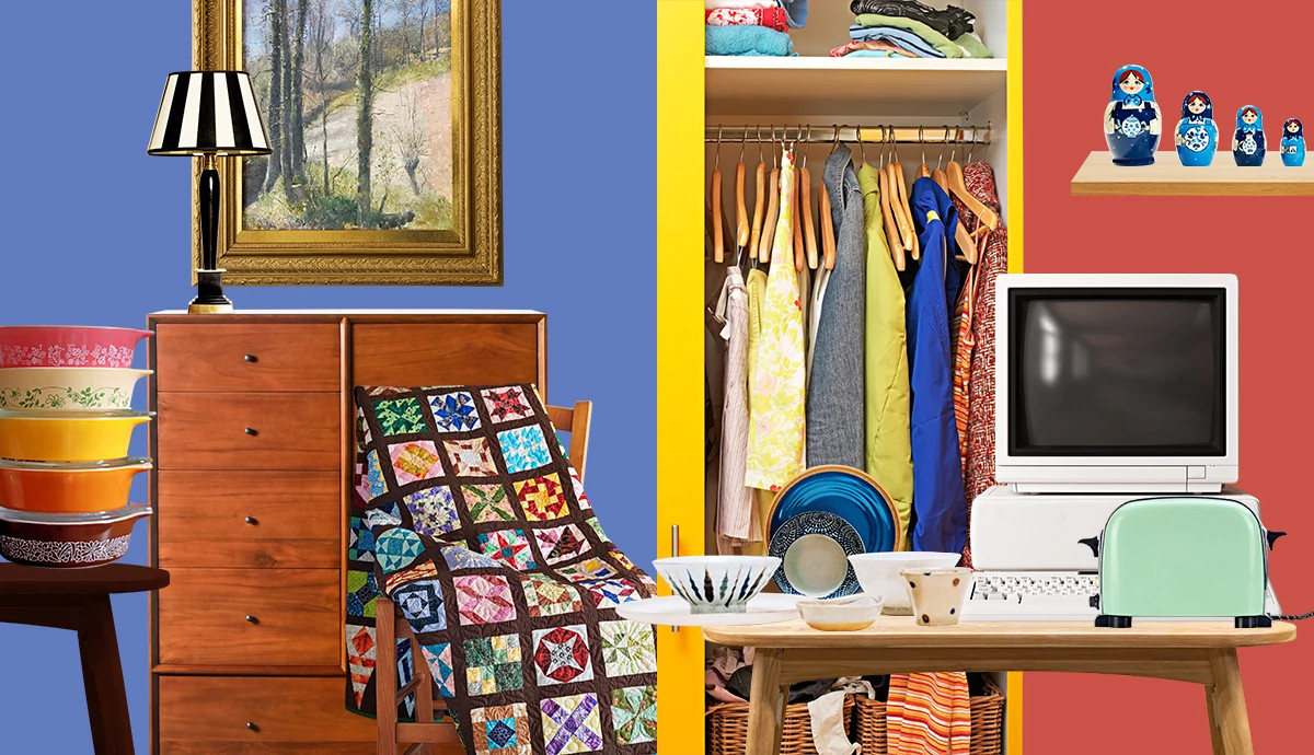 a graphic illustration shows various items in a room of a house stacked and and prepared to be moved