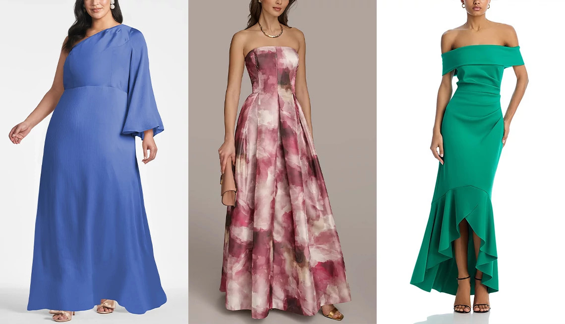 Keely Gown in French Blue; Donna Karan New York Women's Straight-Neck Strapless Dress in Pomegranate Multi; Eliza J Fishtail Gown in Jade