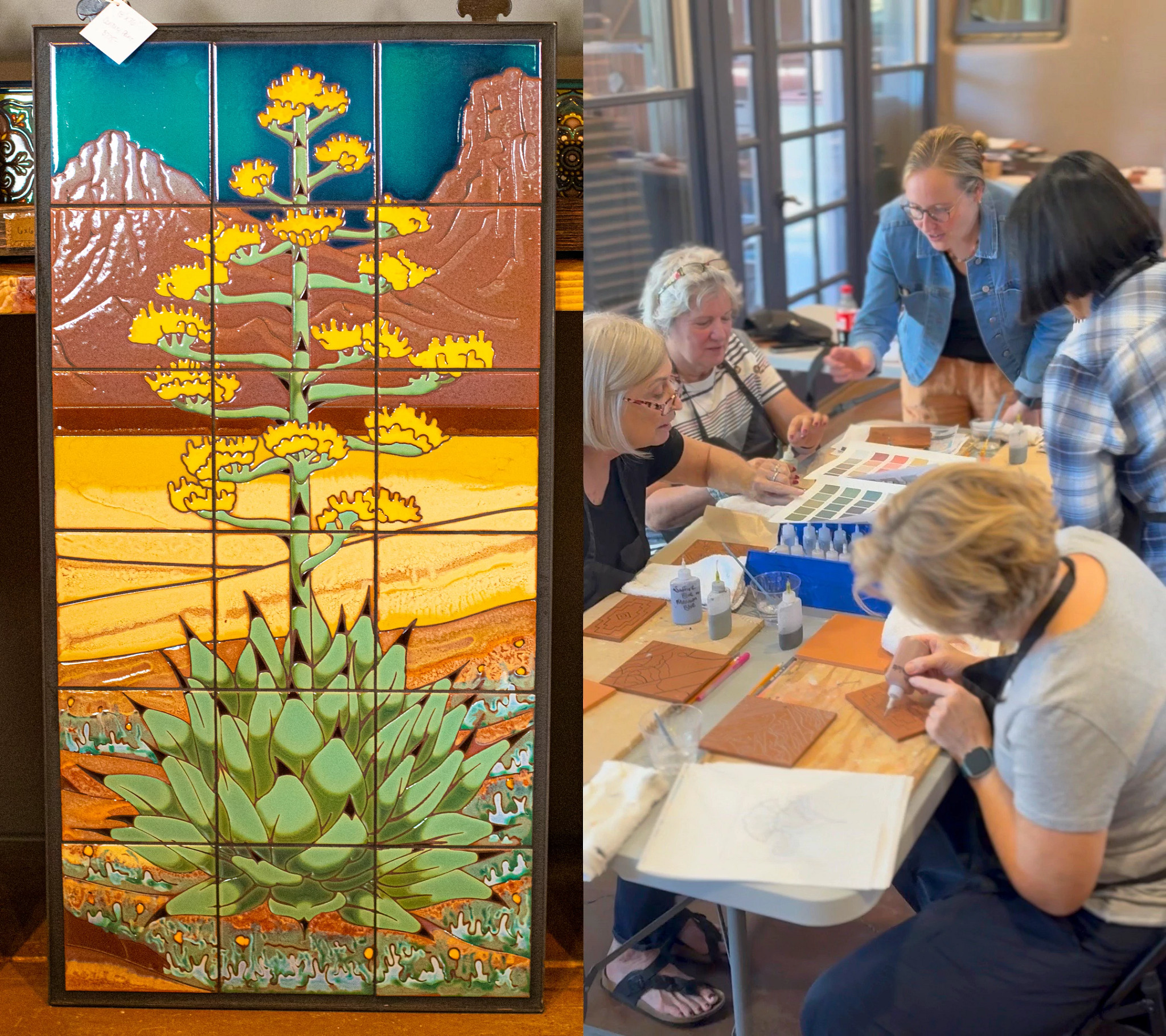 a split image of mosaic tile art and a class working on tiles