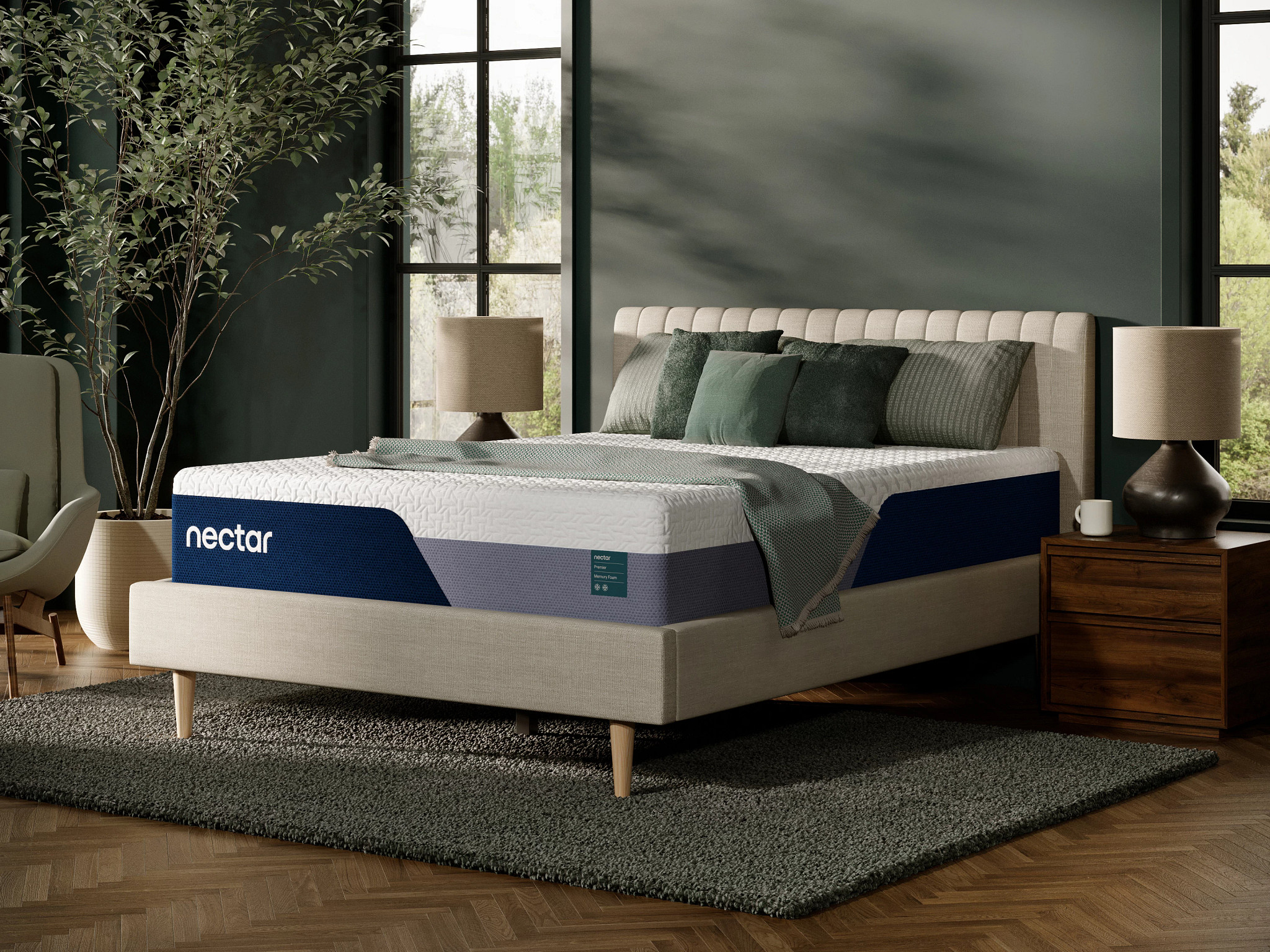 The Nectar Premier Memory Foam mattress in a green bedroom.