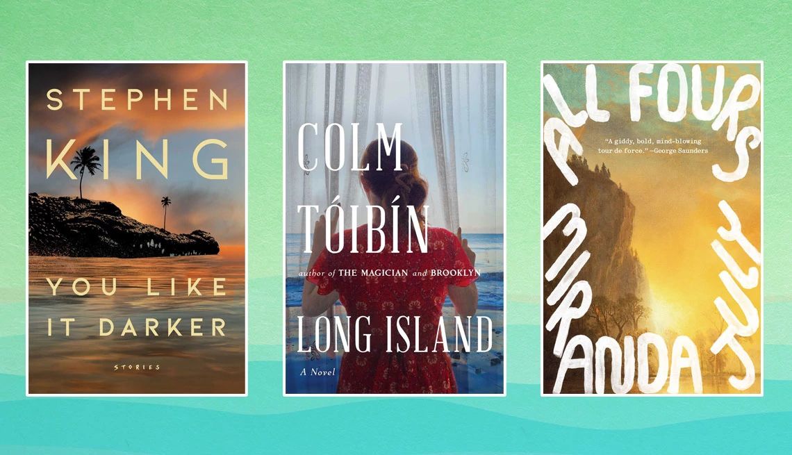 Book covers for You Like it Darker, Long Island and All Fours on a light green background