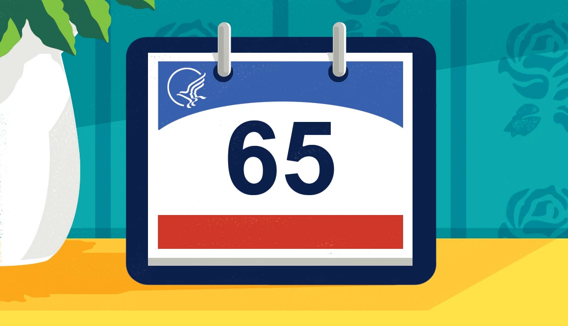 Illustration of a desk calendar displaying the number 65 with the U.S. Department of Health and Human Services (HHS) logo in the upper corner.