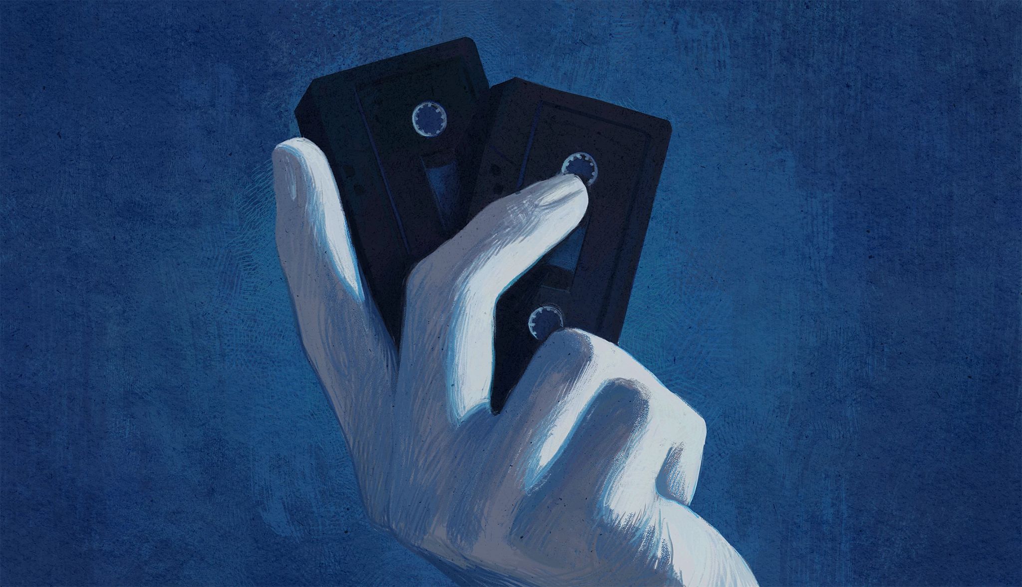 I've Got You Under My Skin by Mary Higgins Clark chapters 21-30 Illustration of a hand holding two black cassette tapes