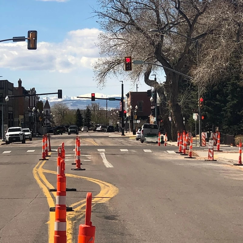 Street intersection with construction cones