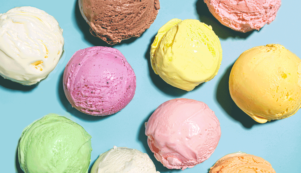 a photo and graphic illustration with an overhead view shows various scoops of ice cream on atop a blue background