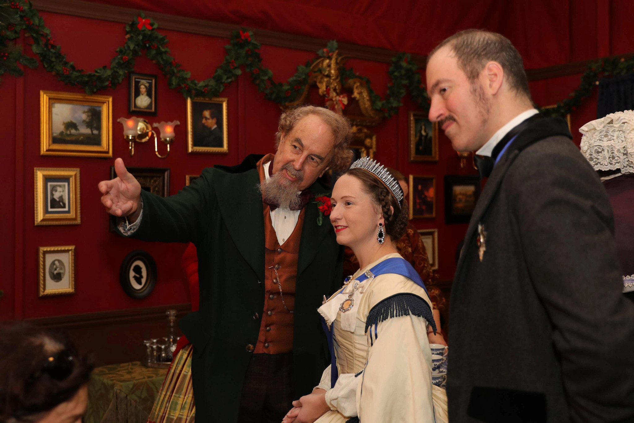 Holiday markets christmas fair with people dressed up in vintage clothing