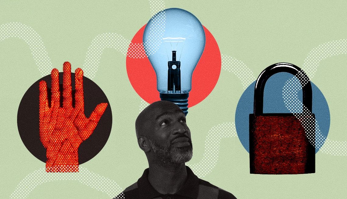 El nuevo mensaje de AARP para mantenerte a salvo de estafas: Pausa. Reflexiona. Protégete. ilustración de un hombre mirando una bombilla de luz y un candado