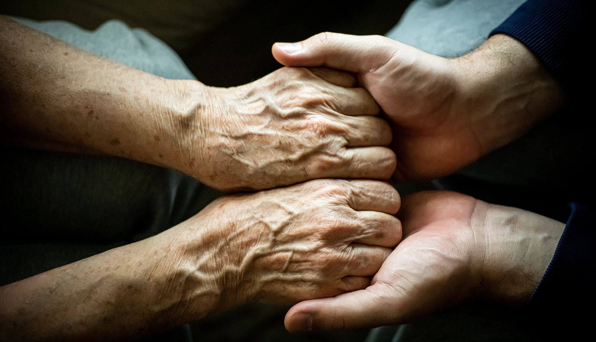 A close-up shot of two people holding hands in a gesture of comfort. A close-up shot of two people holding hands in a gesture of comfort.