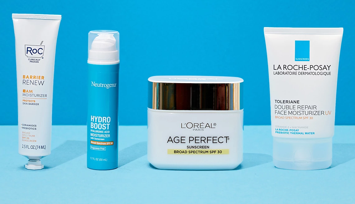 RoC Barrier Renew AM SPF 30 Moisturizer; Neutrogena Hydro Boost Hyaluronic Moisturizer SPF 50; L'Oréal Paris Age Perfect Collagen Expert Day Moisturizer with SPF30; La Roche-Posay Toleriane Double Repair Face Moisturizer UV SPF 30