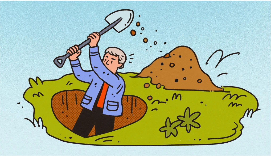 An illustration shows a man digging out a heart-shaped hole in his yard