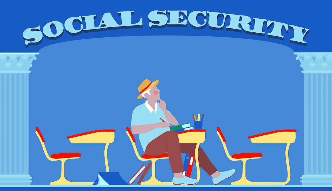 Social Security Retirement Benefits a man sitting at a school desk with social security above his head
