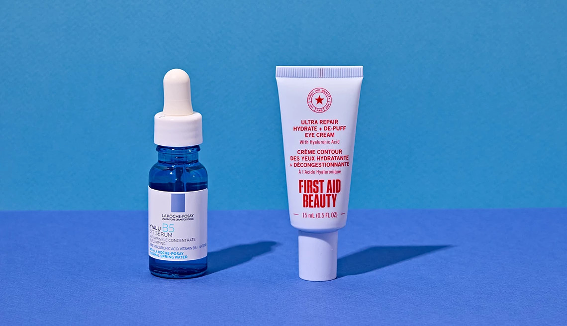 a collage with two types of products to make eyes less puffy