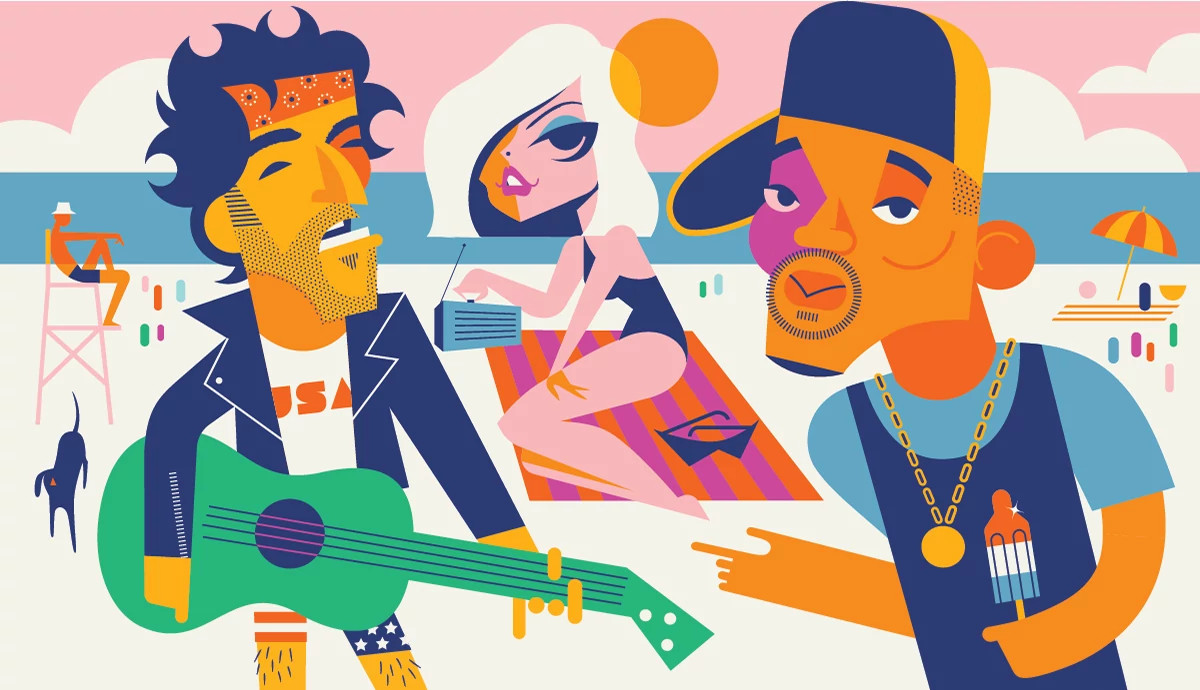 an illustration shows bruce springsteen, debbie harry and will smith at a beach party