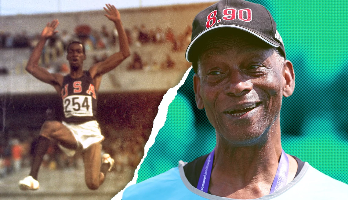Bob Beamon Bob Beamon performing at the Olympics in the long jump next to an image of him presently wearing a hat that says 8.90