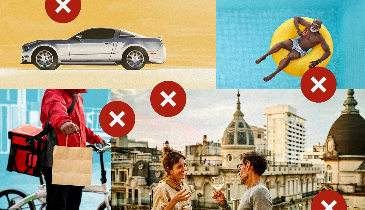 A collage illustrating expenses for Gen Xers to skip, including sports cars, lavish vacations, food delivery, and fine dining.