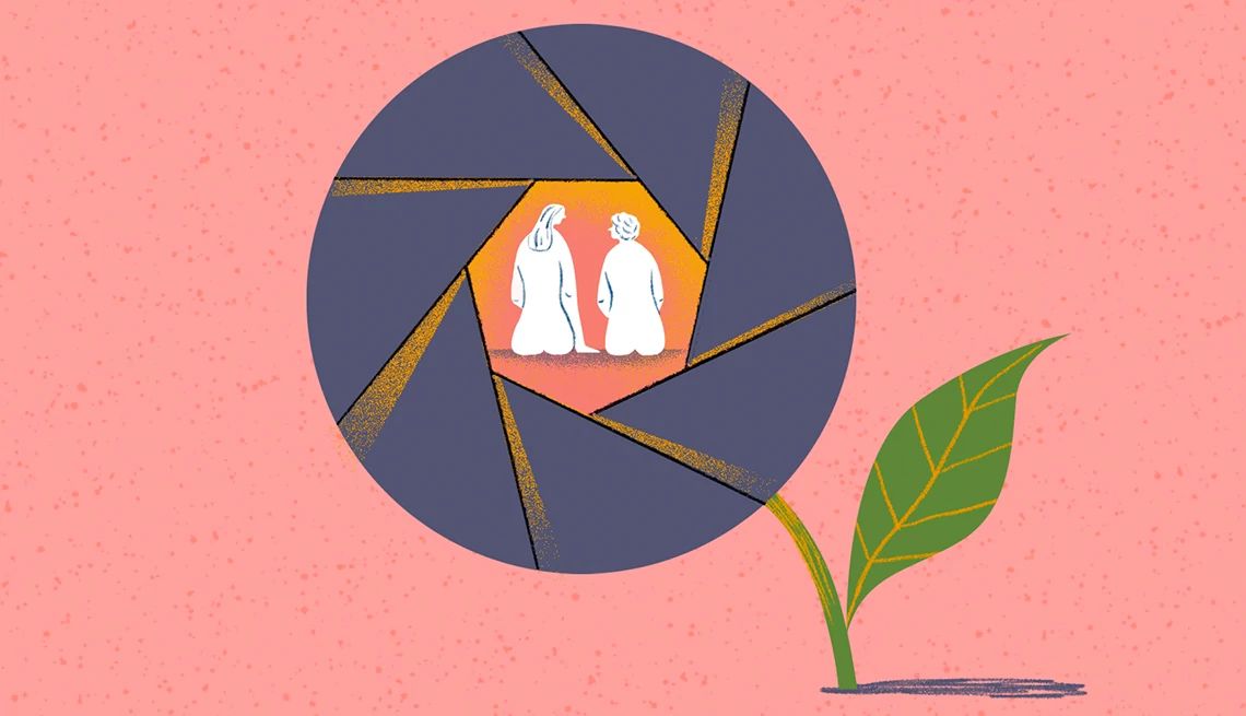 two naked figures sit inside a flower shaped like a camera shutter