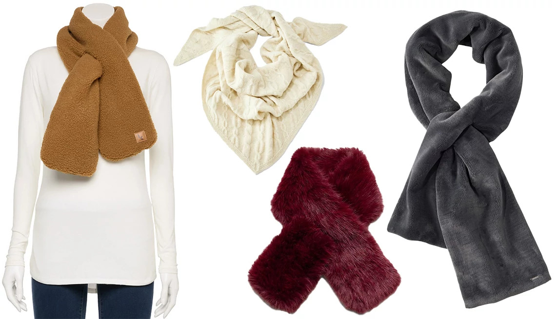 a collage with four different styles of neck warmers